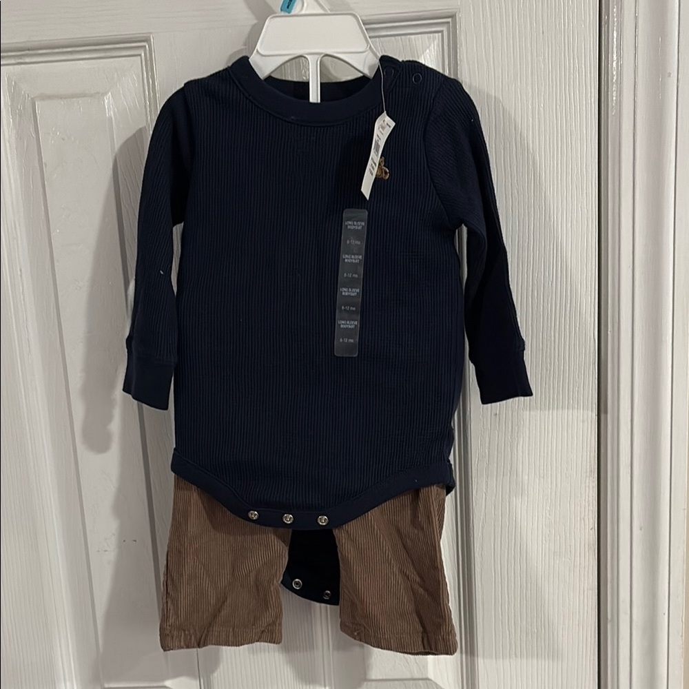 Navy Long Sleeve Baby Onesie with Brown Pants 6/12 months